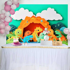 Lofaris Vibrant Cartoon Dinosaur Birthday Cake Smash Backdrop, Prehistoric Jungle Cave Party Decor