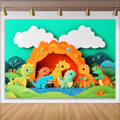 Lofaris Vibrant Cartoon Dinosaur Birthday Cake Smash Backdrop, Prehistoric Jungle Cave Party Decor