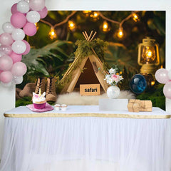 Lofaris Cozy Woodland Safari Birthday Cake Smash Backdrop, featuring a Mossy Teepee, Lantern and Boots