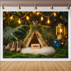 Lofaris Cozy Woodland Safari Birthday Cake Smash Backdrop, featuring a Mossy Teepee, Lantern and Boots
