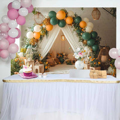 Lofaris Cozy Green and Orange Balloon Birthday Cake Smash Backdrop, Rustic Tent and Floral Photo Prop Decor