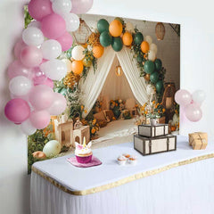 Lofaris Cozy Green and Orange Balloon Birthday Cake Smash Backdrop, Rustic Tent and Floral Photo Prop Decor
