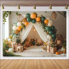 Lofaris Cozy Green and Orange Balloon Birthday Cake Smash Backdrop, Rustic Tent and Floral Photo Prop Decor