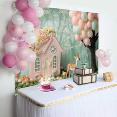 Lofaris Pink Fairy House and Deer Birthday Cake Smash Backdrop, Pastel Balloons Woodland Party Decor