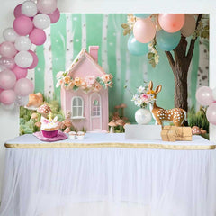 Lofaris Whimsical Woodland Pink Floral House and Deer Birthday Cake Smash Backdrop, Baby Shower Party Decor