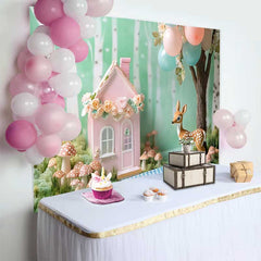 Lofaris Whimsical Woodland Pink Floral House and Deer Birthday Cake Smash Backdrop, Baby Shower Party Decor