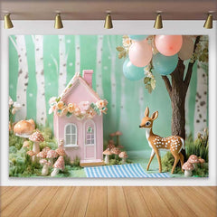 Lofaris Whimsical Woodland Pink Floral House and Deer Birthday Cake Smash Backdrop, Baby Shower Party Decor