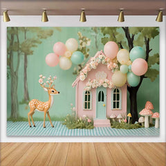 Lofaris Whimsical Woodland Fairy House and Deer Birthday Cake Smash Backdrop, Pastel Balloons Decor