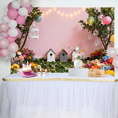 Lofaris Vibrant Floral Garden Spring Backdrop with Birdhouses and Colorful Lanterns, for Baby Shower Photos