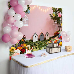 Lofaris Vibrant Floral Garden Spring Backdrop with Birdhouses and Colorful Lanterns, for Baby Shower Photos