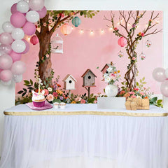 Lofaris Dreamy Pink Spring Garden Backdrop with Lush Flowers, Birdhouses, and Lanterns for Baby Shower Party