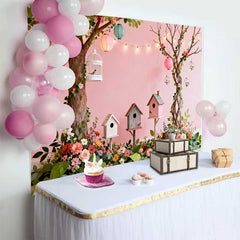 Lofaris Dreamy Pink Spring Garden Backdrop with Lush Flowers, Birdhouses, and Lanterns for Baby Shower Party