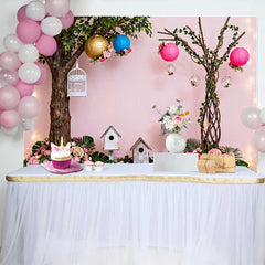 Lofaris Pink Enchanted Garden Spring Backdrop with Lush Flowers, Birdhouses, and Lanterns for Baby Shower