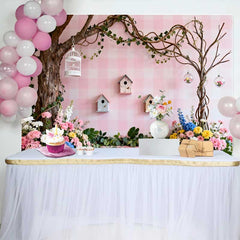 Lofaris Pink Gingham Spring Backdrop with Lush Flowers, Birdhouses and Whimsical Trees, Enchanting Garden Party Decor