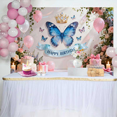 Lofaris Pastel Pink and Blue Butterfly Birthday Cake Smash Backdrop, Golden Crown Happy Birthday Floral Decor