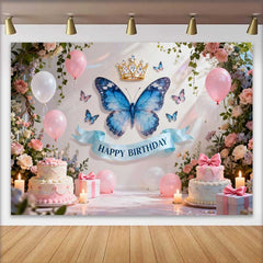 Lofaris Pastel Pink and Blue Butterfly Birthday Cake Smash Backdrop, Golden Crown Happy Birthday Floral Decor