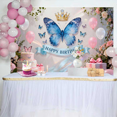 Lofaris Elegant Blue Butterfly and Gold Crown Birthday Cake Smash Backdrop, Pink Flowers and Balloons Party Decor