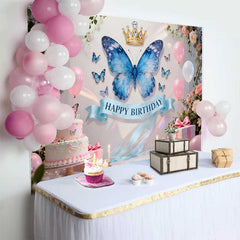 Lofaris Elegant Blue Butterfly and Gold Crown Birthday Cake Smash Backdrop, Pink Flowers and Balloons Party Decor