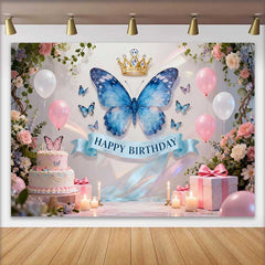 Lofaris Elegant Blue Butterfly and Gold Crown Birthday Cake Smash Backdrop, Pink Flowers and Balloons Party Decor