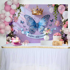 Lofaris Elegant Blue Butterfly and Gold Crown Birthday Cake Smash Backdrop, Princess Floral Party Decor
