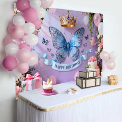 Lofaris Elegant Blue Butterfly and Gold Crown Birthday Cake Smash Backdrop, Princess Floral Party Decor