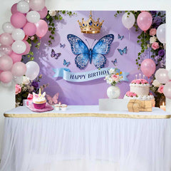 Lofaris Lavender Purple Butterfly and Crown Birthday Cake Smash Backdrop, Elegant Pink Floral Party Decor
