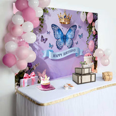 Lofaris Lavender Purple Butterfly and Crown Birthday Cake Smash Backdrop, Elegant Pink Floral Party Decor