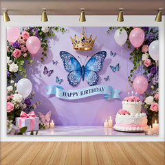 Lofaris Lavender Purple Butterfly and Crown Birthday Cake Smash Backdrop, Elegant Pink Floral Party Decor