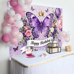 Lofaris Magical Purple Butterfly and Crown Happy Birthday Cake Smash Backdrop, Pink Balloons and Flowers Party Decor