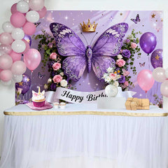 Lofaris Elegant Purple Butterfly Happy Birthday Cake Smash Backdrop, Golden Crown and Floral Party Decor