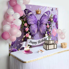 Lofaris Elegant Purple Butterfly Happy Birthday Cake Smash Backdrop, Golden Crown and Floral Party Decor