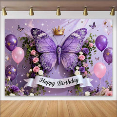 Lofaris Elegant Purple Butterfly Happy Birthday Cake Smash Backdrop, Golden Crown and Floral Party Decor