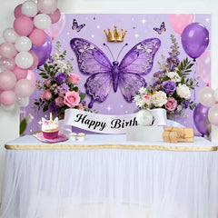 Lofaris Purple Butterfly and Crown Birthday Cake Smash Backdrop, Happy Birthday Party Decor for Girls