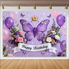 Lofaris Purple Butterfly and Crown Birthday Cake Smash Backdrop, Happy Birthday Party Decor for Girls