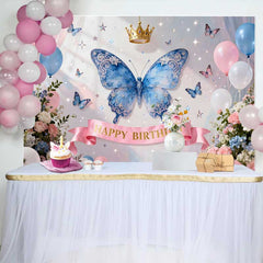Lofaris Magical Blue Butterfly and Gold Crown Birthday Cake Smash Backdrop, Happy Birthday Party Decor for Little Girls