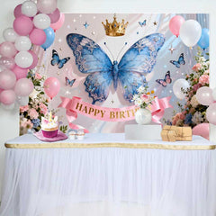 Lofaris Sparkling Blue Butterfly and Gold Crown Happy Birthday Cake Smash Backdrop, Princess Fairy Party Decor