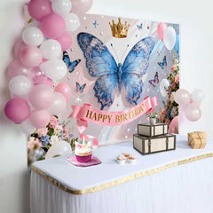 Lofaris Sparkling Blue Butterfly and Gold Crown Happy Birthday Cake Smash Backdrop, Princess Fairy Party Decor