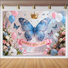 Lofaris Sparkling Blue Butterfly and Gold Crown Happy Birthday Cake Smash Backdrop, Princess Fairy Party Decor