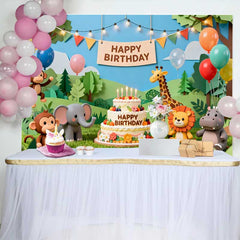 Lofaris Paper Cut Jungle Safari Animals Birthday Backdrop with Happy Birthday Cake, Wild One Theme Party Decor