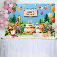 Lofaris Cute Jungle Safari Animals Birthday Backdrop with Happy Birthday Cake and Colorful Balloons for Kids Party