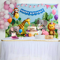 Lofaris Colorful Cartoon Jungle Safari Animals Happy Birthday Backdrop, Cake and Balloons Kids Party Decor
