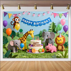Lofaris Colorful Cartoon Jungle Safari Animals Happy Birthday Backdrop, Cake and Balloons Kids Party Decor
