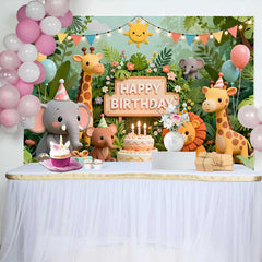 Lofaris Cute Jungle Safari Animals Birthday Backdrop with Elephant Giraffe Lion, Happy Birthday Party Decor