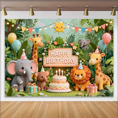 Lofaris Cute Jungle Safari Animals Birthday Backdrop with Elephant Giraffe Lion, Happy Birthday Party Decor
