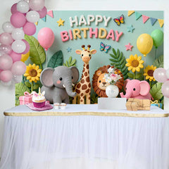 Lofaris Cute Safari Jungle Animals Birthday Backdrop, Happy Birthday Party Decor with Balloons and Gifts