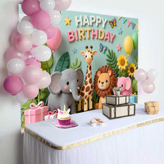 Lofaris Cute Safari Jungle Animals Birthday Backdrop, Happy Birthday Party Decor with Balloons and Gifts
