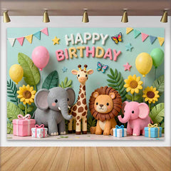 Lofaris Cute Safari Jungle Animals Birthday Backdrop, Happy Birthday Party Decor with Balloons and Gifts