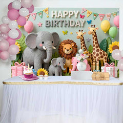 Lofaris Cute Safari Jungle Animals Happy Birthday Backdrop with Elephant, Lion, Giraffes, Sunflowers and Gifts