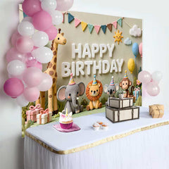 Lofaris Whimsical Clay Animals Happy Birthday Backdrop, Jungle Safari Theme for Baby Shower and Kids Party