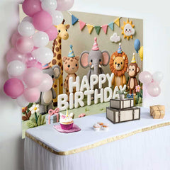 Lofaris Whimsical Clay Animals Happy Birthday Backdrop with Safari Jungle Theme, Adorable Koala Elephant Lion Monkey Party Decoration